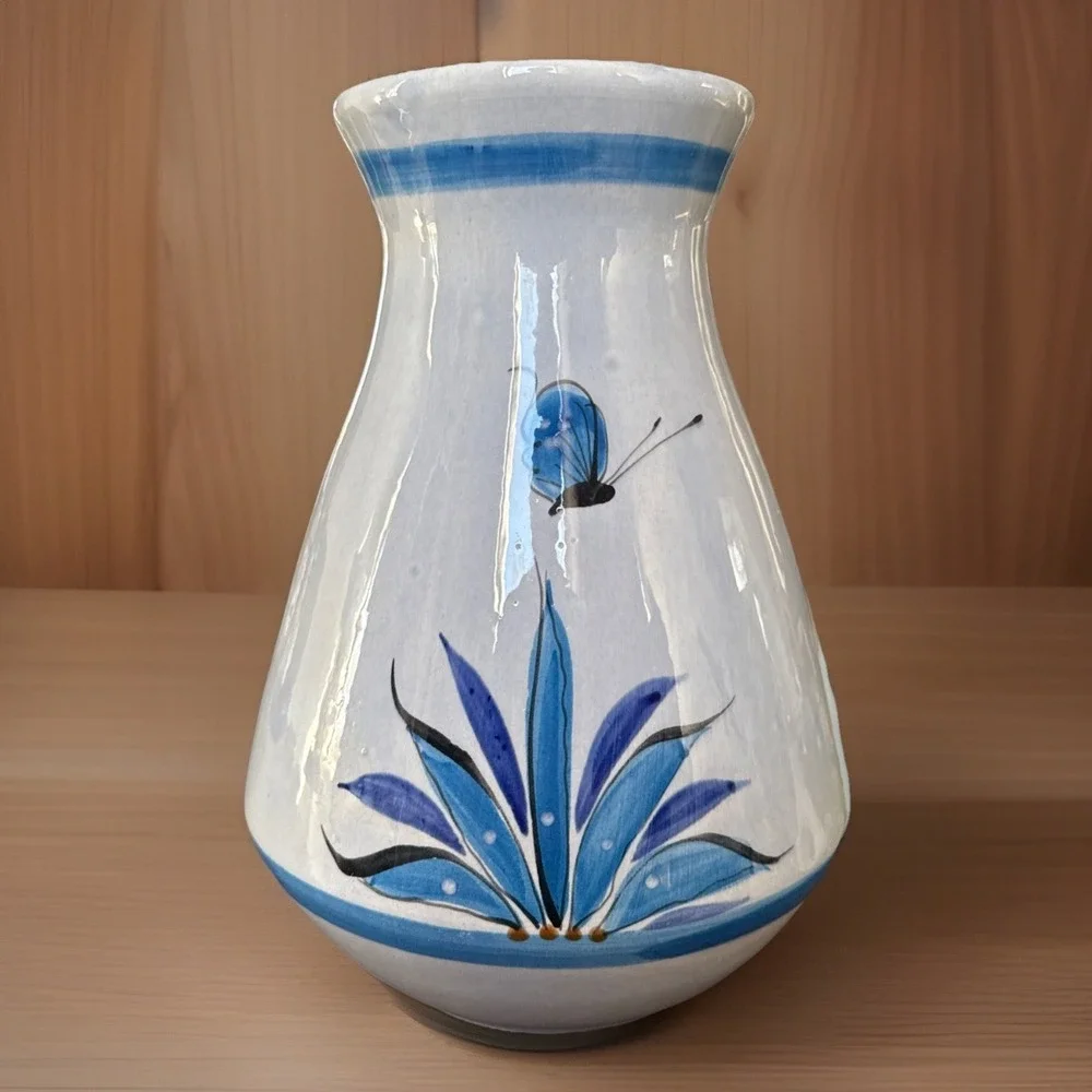 Blue Floral Tonala Mexican Ceramic Vase, 11.24